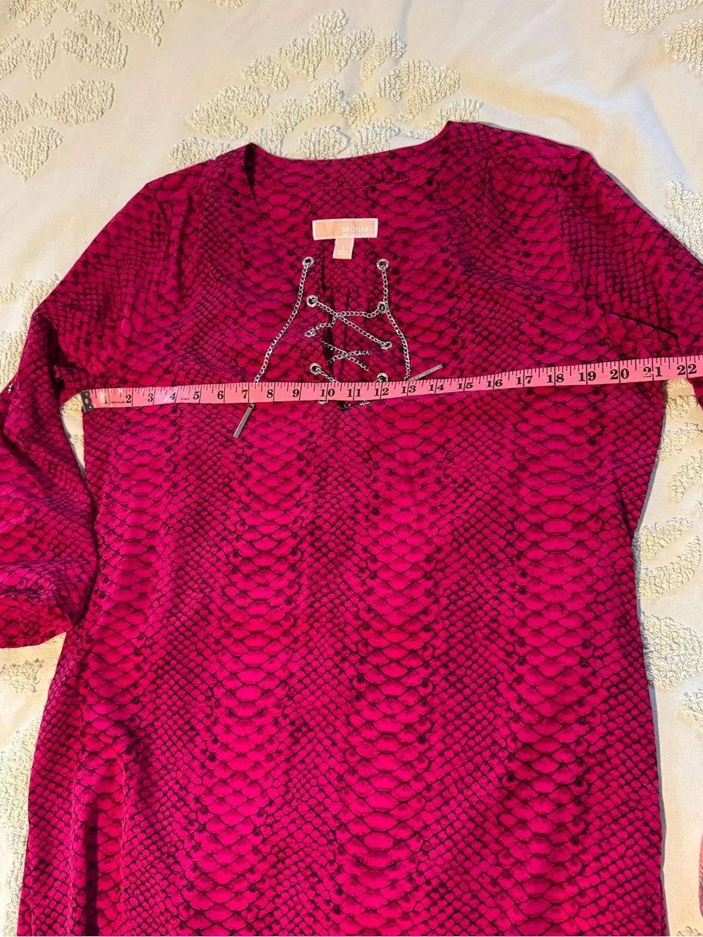 Michael Kors Pink Magenta Snake Print Tie Neck Dress Roll Tab Sleeves Size L